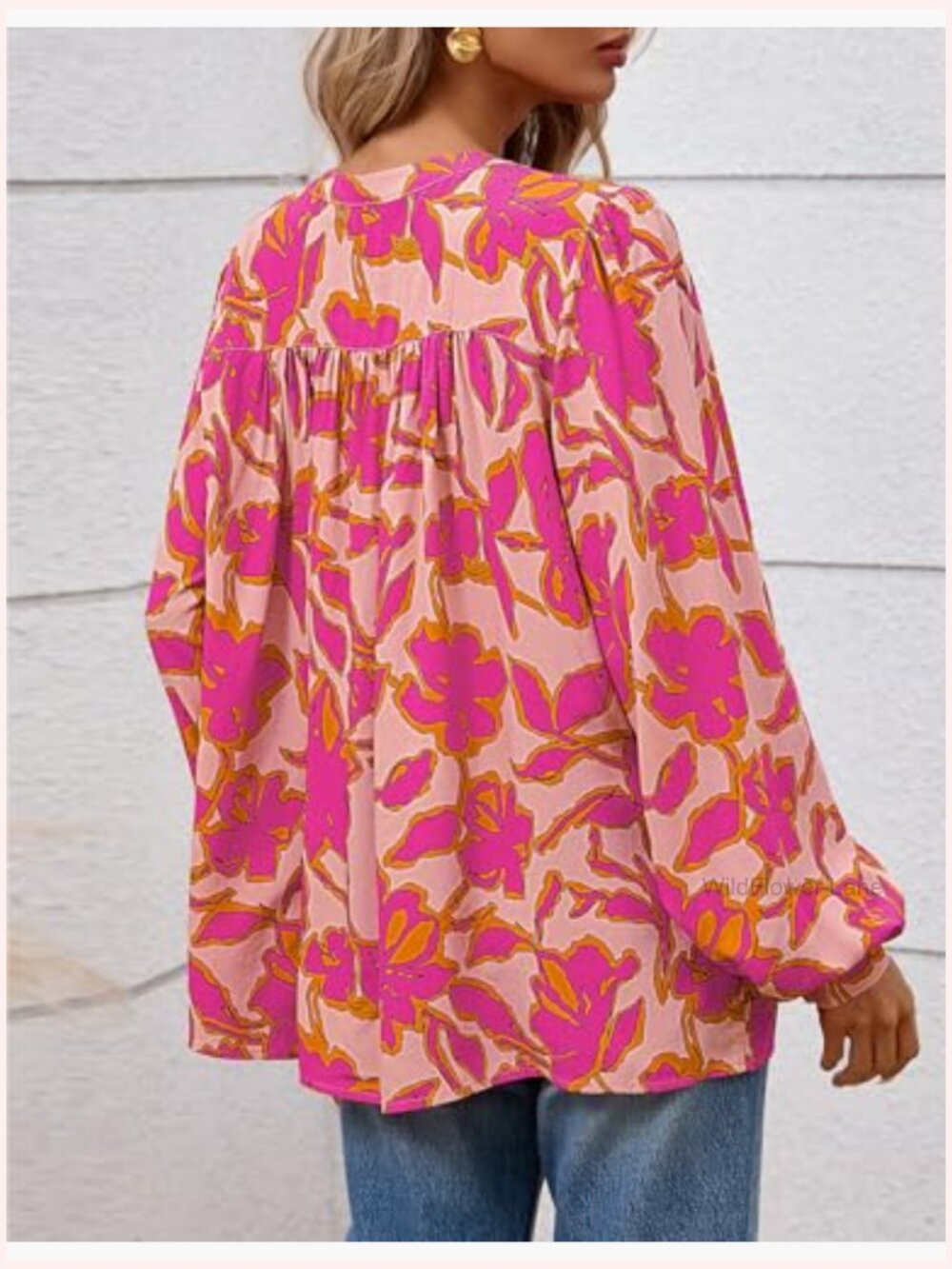 Floral Button Down Blouse Long Sleeve Boho Top Dressy Casual - Picture 5 of 7